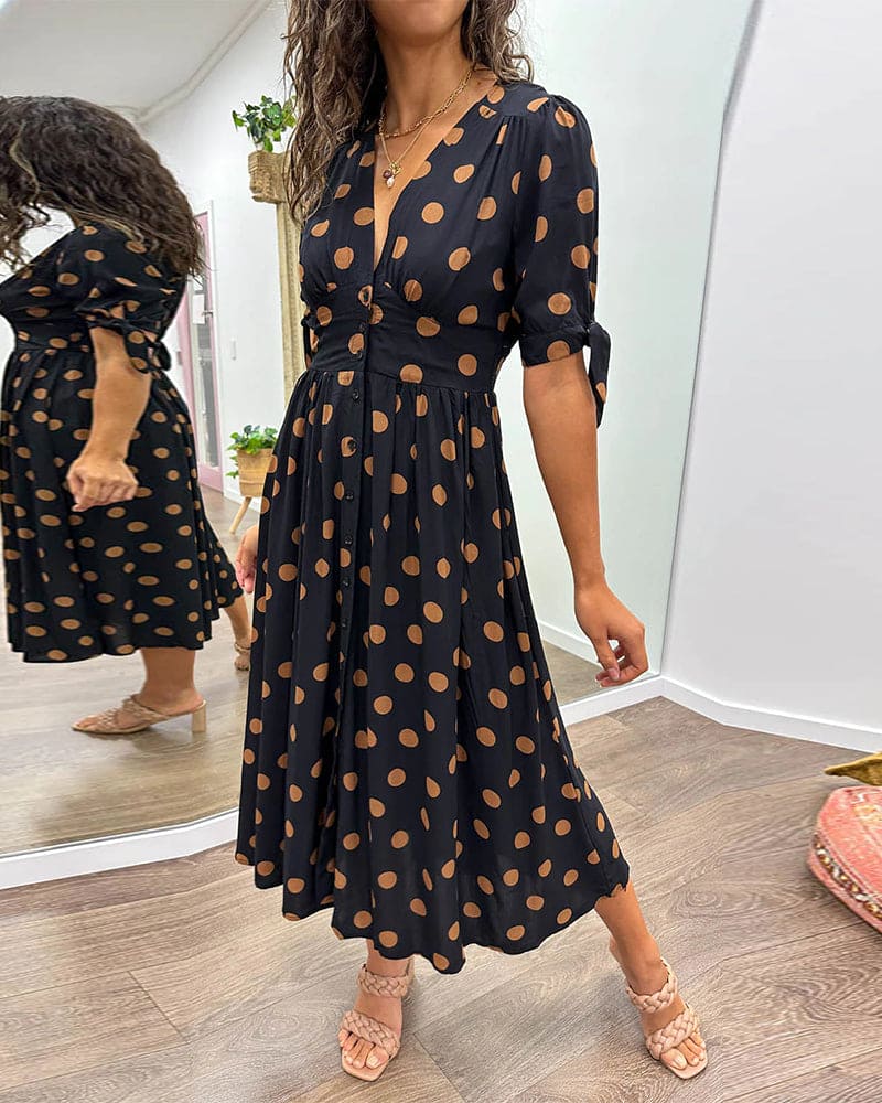 Summer Midi Dress with Polka Dot V-Neck - Sydney