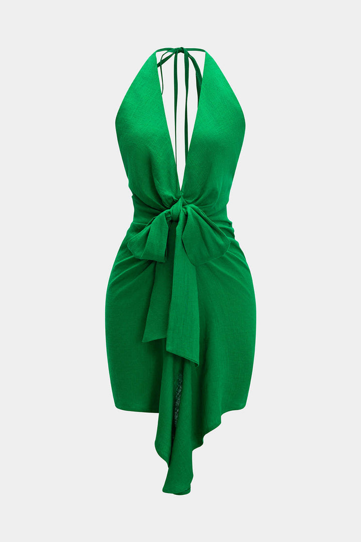 V-Neck Mini Dress with Tie Front in Linen